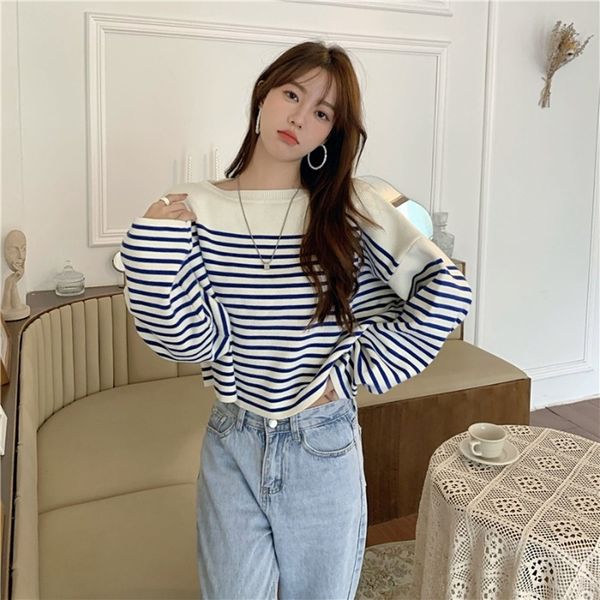 women s sweaters blue striped stitching sweater spring and autumn loose knitted round neck long sleeved pullover female 220908, White;black
women s sweaters blue striped stitching sweater spring and autumn loose knitted round neck long sleeved pullover female 220908, White;black