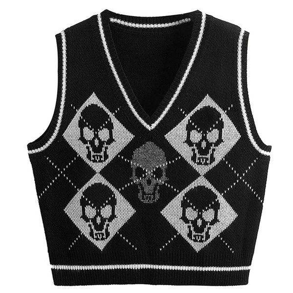 women's vests y2k gothic knit sweater vest skull argyle print pattern knitwear v-neck pullover fashion jumper women halloween streetwea, Black;white
women's vests y2k gothic knit sweater vest skull argyle print pattern knitwear v-neck pullover fashion jumper women halloween streetwea, Black;white