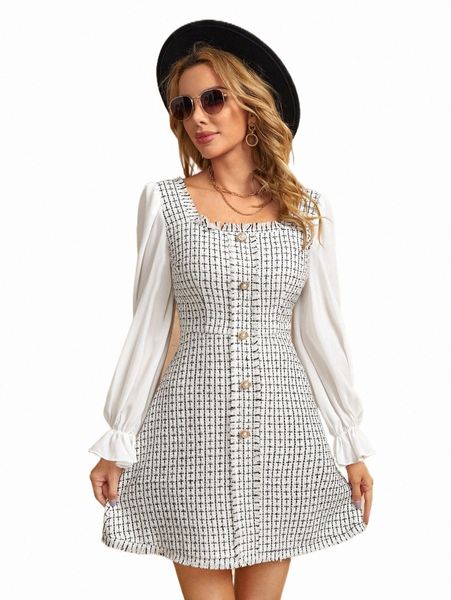 casual dresses flounce sleeve raw cut plaid tweed 2 in 1 dress x1wr#, Black;gray
casual dresses flounce sleeve raw cut plaid tweed 2 in 1 dress x1wr#, Black;gray
