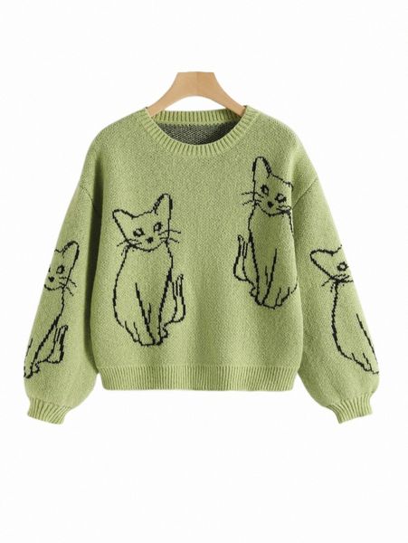 women's sweaters cat pattern drop shoulder sweater q2vs#, White;black