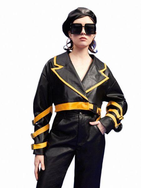 women's jackets x anthony vanderwoo contrast trim drop shoulder buckled pu leather jacket j9mw#, Black;brown
women's jackets x anthony vanderwoo contrast trim drop shoulder buckled pu leather jacket j9mw#, Black;brown