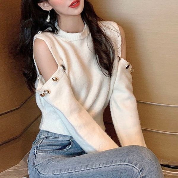 women s sweaters off the shoulder diamond button pullover women temperament ladies long sleeved round neck 220908, White;black
women s sweaters off the shoulder diamond button pullover women temperament ladies long sleeved round neck 220908, White;black