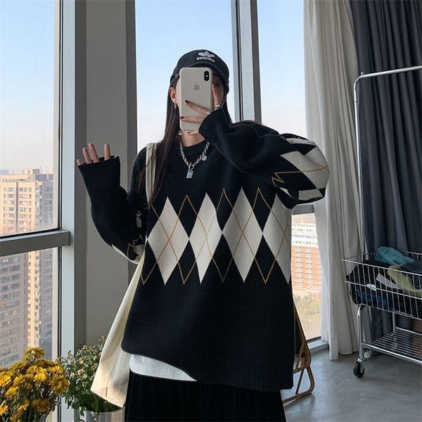 women s sweaters retro rhombus black sweater spring and autumn korean version round neck pullover loose knitted jacket female 220908, White;black
women s sweaters retro rhombus black sweater spring and autumn korean version round neck pullover loose knitted jacket female 220908, White;black
