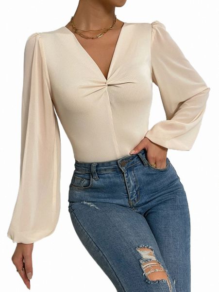 women's t-shirt twist front lantern sleeve p5dy#, White