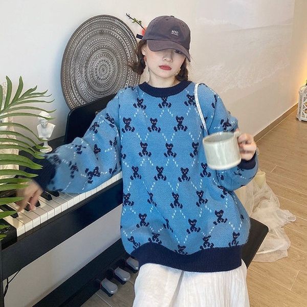 women s sweaters fashion japanese bear plaid pullover sweater autumn and winter loose all match round neck long sleeved knitted 220908, White;black
women s sweaters fashion japanese bear plaid pullover sweater autumn and winter loose all match round neck long sleeved knitted 220908, White;black
