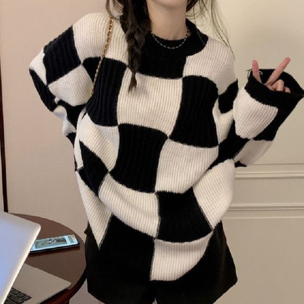 women s sweaters deeptown korean fashion plaid sweater oversize retro vintage clothes autumn winter checkerboard knit jumper black pullover, White;black
women s sweaters deeptown korean fashion plaid sweater oversize retro vintage clothes autumn winter checkerboard knit jumper black pullover, White;black