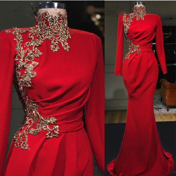 2022 prom dresses mermaid high neck arabic red long sleeves gold lace crystal beads evening dress formal party second reception gowns, Black
2022 prom dresses mermaid high neck arabic red long sleeves gold lace crystal beads evening dress formal party second reception gowns, Black
