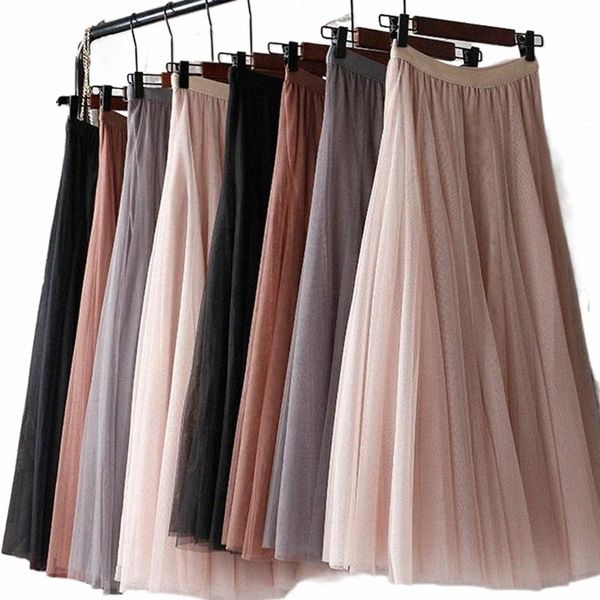 skirts skirts pleated lace gauze skirt a-line medium length fairy high waist large swing w5tn#, Black