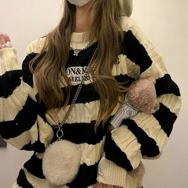 women s sweaters deeptown harajuku striped knitted sweater women korean style casual vintage oversize long sleeve crewneck jumper female win, White;black
women s sweaters deeptown harajuku striped knitted sweater women korean style casual vintage oversize long sleeve crewneck jumper female win, White;black