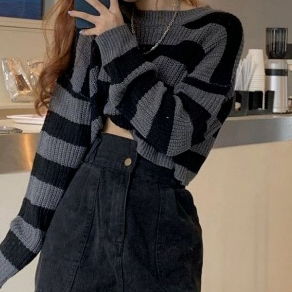 women s sweaters deeptown korean style striped cropped knitted sweater women vintage printed o neck long sleeve jumper y2k autumn winter 22, White;black
women s sweaters deeptown korean style striped cropped knitted sweater women vintage printed o neck long sleeve jumper y2k autumn winter 22, White;black