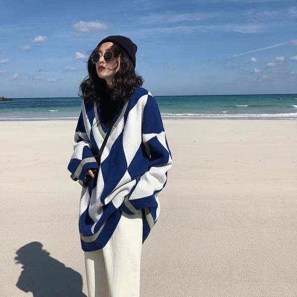 women s sweaters autumn and winter vintage diamond v neck sweater women korean version of contrast color oversized lazy style pullover 22090, White;black
women s sweaters autumn and winter vintage diamond v neck sweater women korean version of contrast color oversized lazy style pullover 22090, White;black