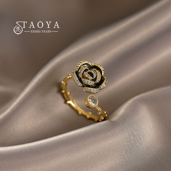 mysterious black rose shaped metal opening rings for woman luxury set accessories for fashion jewelry party girls, Golden;silver