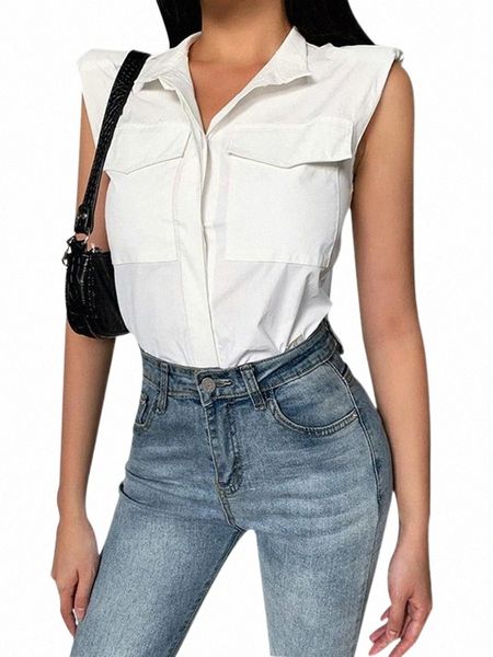 women's blouses & shirts women summer pocket decorated blouse sleeveless solid color turn-down collar regular length elegant fashion wo, White
women's blouses & shirts women summer pocket decorated blouse sleeveless solid color turn-down collar regular length elegant fashion wo, White