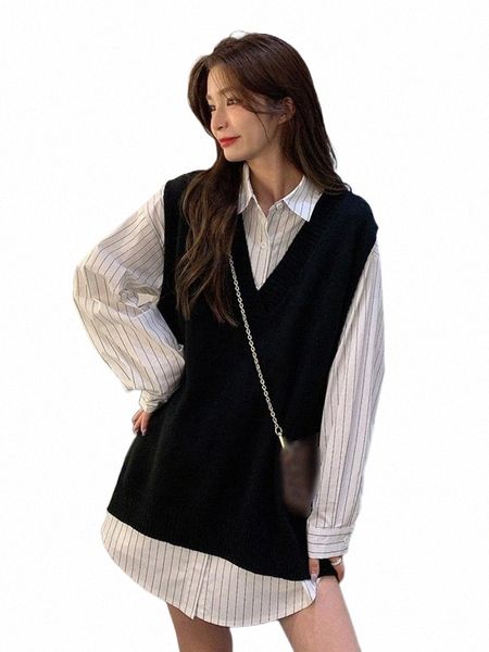 women's tracksuits saliency clothing women 2021 autumn and winter korean fashion loose black knitted vest striped white shirt two piece, Gray
women's tracksuits saliency clothing women 2021 autumn and winter korean fashion loose black knitted vest striped white shirt two piece, Gray