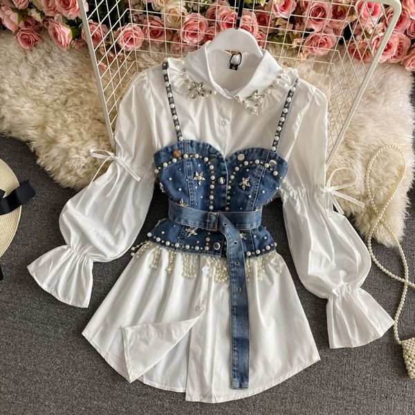 korean version shirt medium and long pin bead trumpet sleeve two-piece suit cowboy suspender vest women's wear, White
korean version shirt medium and long pin bead trumpet sleeve two-piece suit cowboy suspender vest women's wear, White