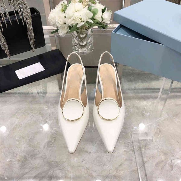 dress shoes metal round button pointed high heels women's cross grain cowhide baotou kitten heel sandals summer trip shoes with thin, Black