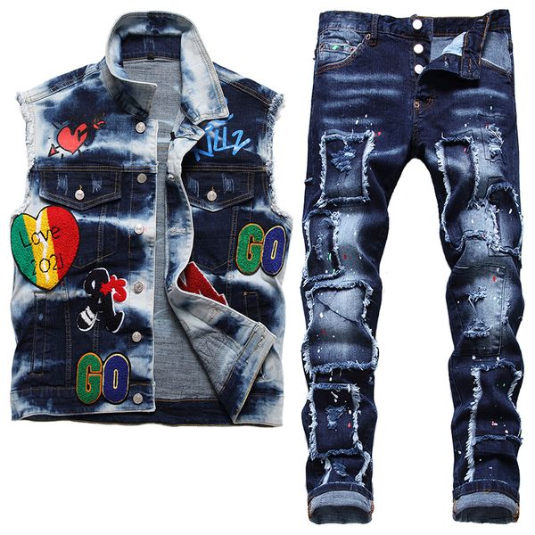 summer tracksuits moto biker vest jeans 2 pieces pants sets for men retro motorcycle rock badge embroidered waistcoat and ripped patch stret, Gray
summer tracksuits moto biker vest jeans 2 pieces pants sets for men retro motorcycle rock badge embroidered waistcoat and ripped patch stret, Gray