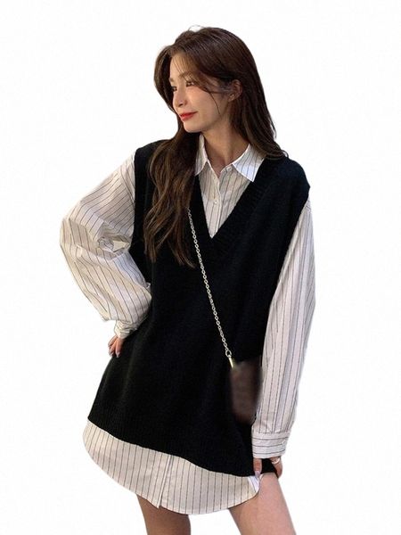 women's tracksuits saliency clothing women 2021 autumn and winter korean fashion loose black knitted vest striped white shirt two piece, Gray
women's tracksuits saliency clothing women 2021 autumn and winter korean fashion loose black knitted vest striped white shirt two piece, Gray