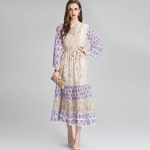women's runway dresses o neck 3/4 sleeves printed lace up elegant designer mid vestidos, Black
women's runway dresses o neck 3/4 sleeves printed lace up elegant designer mid vestidos, Black