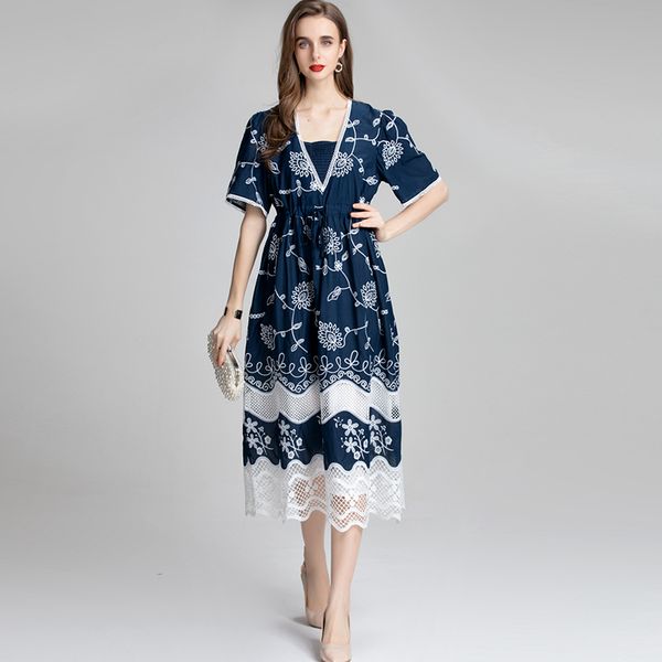 women's runway dresses v neck short sleeves ruffles patchwork embroidery lace up elegant designer mid vestidos, Black
women's runway dresses v neck short sleeves ruffles patchwork embroidery lace up elegant designer mid vestidos, Black