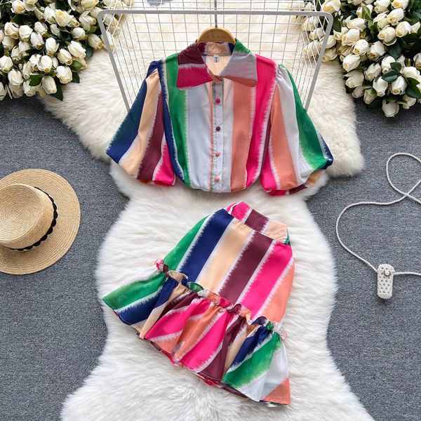 summer two piece dress womens outifits striped puff sleeves blouses and ruffled mini skirt sets elegant woman 2 pieces suit 2023, White 
summer two piece dress womens outifits striped puff sleeves blouses and ruffled mini skirt sets elegant woman 2 pieces suit 2023, White