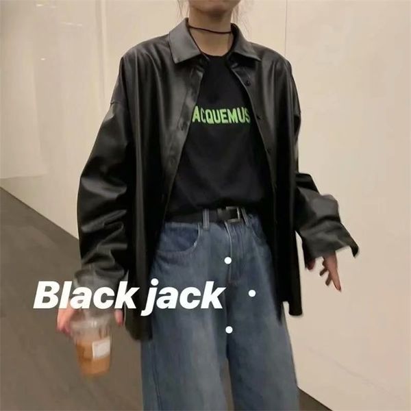 women's leather faux women oversized pu leather blouses spring autumn black basic coat turn-down collar motor biker jacket 220912
women's leather faux women oversized pu leather blouses spring autumn black basic coat turn-down collar motor biker jacket 220912