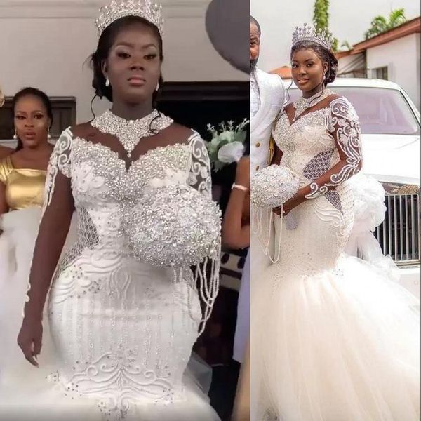 2022 mermaid wedding dresses plus size luxurious sheer neck lace appliques crystal beading pearls long sleeves formal party arabic aso ebi s, White
2022 mermaid wedding dresses plus size luxurious sheer neck lace appliques crystal beading pearls long sleeves formal party arabic aso ebi s, White