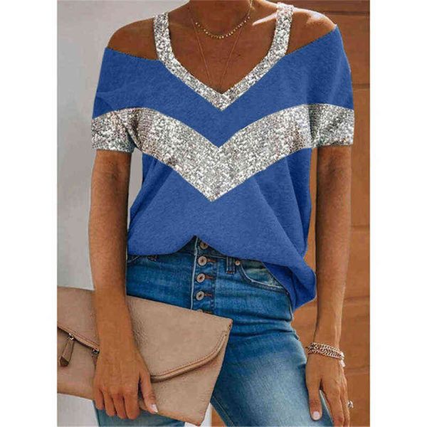 women's summer striped sequins short sleeve t-shirts color block off shoulder women v-neck halter loose casual tees tshirts t220825, White
women's summer striped sequins short sleeve t-shirts color block off shoulder women v-neck halter loose casual tees tshirts t220825, White