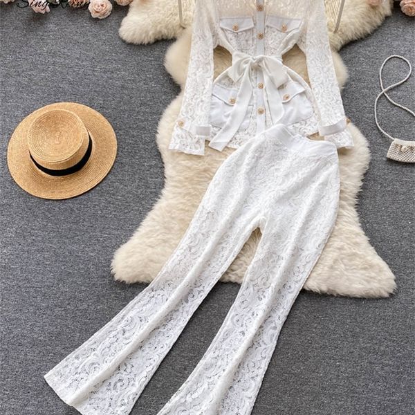 women's two piece pants singreiny lace chic set women summer long sleeves button blouse elastic waist flare long pants sashes two piece, White
women's two piece pants singreiny lace chic set women summer long sleeves button blouse elastic waist flare long pants sashes two piece, White