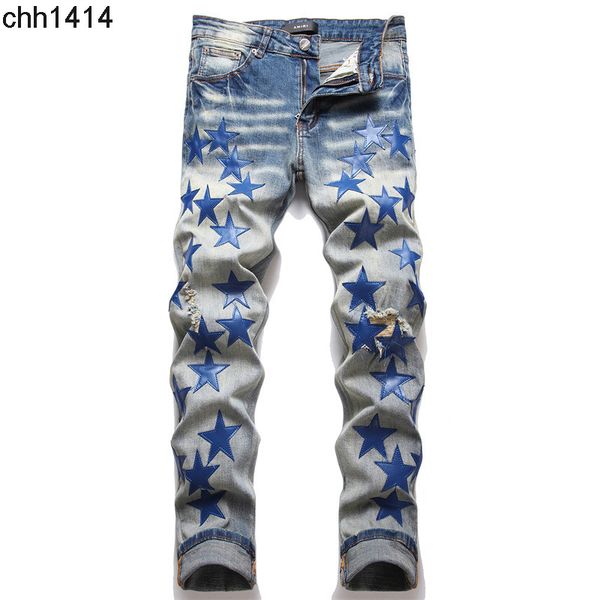 brand slim elastic embroidery five pointed star cat whisker whitening men's torn jeans, Blue
brand slim elastic embroidery five pointed star cat whisker whitening men's torn jeans, Blue