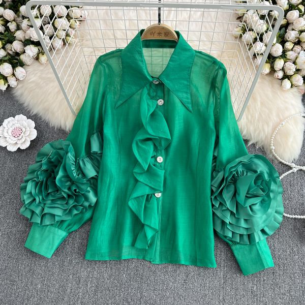 lapels single row buttons shirts ruffles stitching personalized three-dimensional flowers loose women's foreign style chic, White
lapels single row buttons shirts ruffles stitching personalized three-dimensional flowers loose women's foreign style chic, White