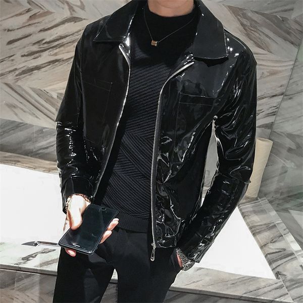 men's leather faux shiny jacket stage costume red black brown nightclub club solid color slim coats 220912
men's leather faux shiny jacket stage costume red black brown nightclub club solid color slim coats 220912