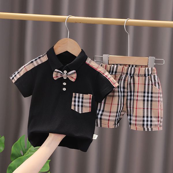 

Summer Boys Clothing Sets Kids Plaid Bow T Shirt Shorts Children Outfits Baby Tracksuit Infant Casual Clothes, Black