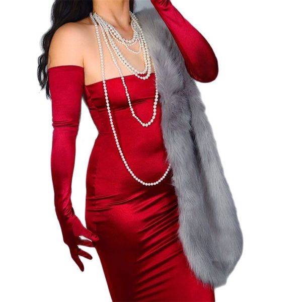 five fingers gloves silk satin female 70cm elastic mercerized pearl wine red long anti-sun party evening women marry wsg13 220912, Blue;gray
five fingers gloves silk satin female 70cm elastic mercerized pearl wine red long anti-sun party evening women marry wsg13 220912, Blue;gray