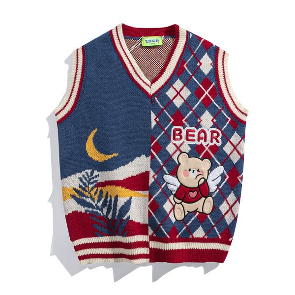 men s sweaters v neck bear embroidered sweater vest men and women oversized sleeveless colorblock knitted outwear christmas jumper 220912, White;black
men s sweaters v neck bear embroidered sweater vest men and women oversized sleeveless colorblock knitted outwear christmas jumper 220912, White;black