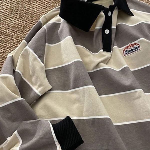 women's t-shirt striped polo shirt women japan retro long-sleeved men loose trend couple bf lapel sweatshirt preppy hip hop cool shirts, White 
women's t-shirt striped polo shirt women japan retro long-sleeved men loose trend couple bf lapel sweatshirt preppy hip hop cool shirts, White
