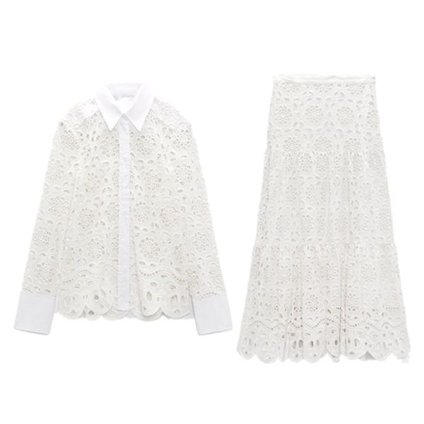 two piece dress pb za spring women's white temperament lapel long-sleeved hollow embroidery shirt high waist long skirt suit 220912
two piece dress pb za spring women's white temperament lapel long-sleeved hollow embroidery shirt high waist long skirt suit 220912