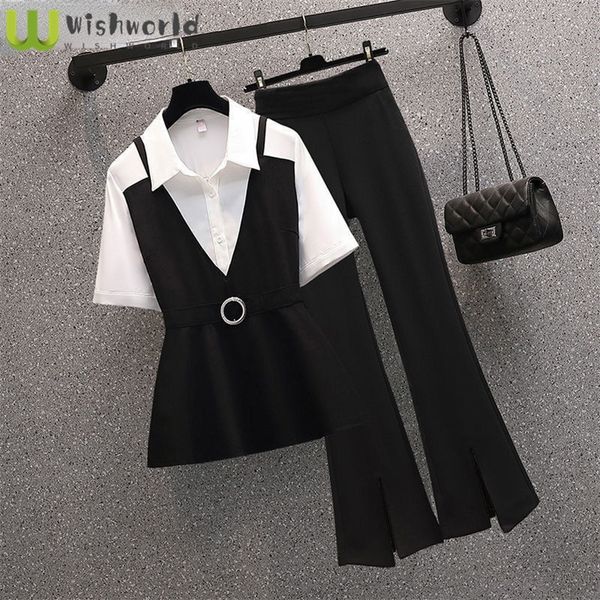 women's two piece pants temperament professional suit spring large size women's wear age reducing thin shirt micro flare pants two, White
women's two piece pants temperament professional suit spring large size women's wear age reducing thin shirt micro flare pants two, White