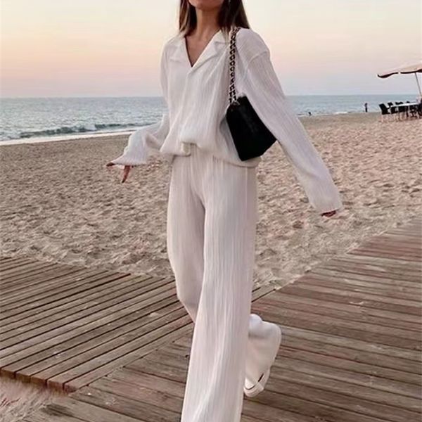 women's two piece pants autumn women elegant pleated two piece set loose long sleeve blouses high waist wide leg pants suit female casu, White
women's two piece pants autumn women elegant pleated two piece set loose long sleeve blouses high waist wide leg pants suit female casu, White