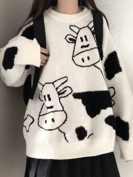 women's knits tees deeptown preppy style cartoon cow oversized sweater women harajuku knitted jumper cute sweet loose casual all match, White
women's knits tees deeptown preppy style cartoon cow oversized sweater women harajuku knitted jumper cute sweet loose casual all match, White