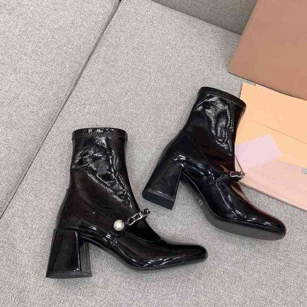 short boots boots women's autumn and winter miu chain pearl patent leather thick heel elastic high heels square head thin ulhb, Black
short boots boots women's autumn and winter miu chain pearl patent leather thick heel elastic high heels square head thin ulhb, Black