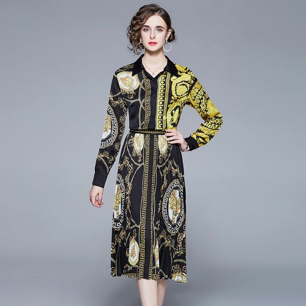 2022 baroque print two piece dress designer black sets women long sleeve button up shirt and pleated midi skirt suit spring autumn chic offi, White 
2022 baroque print two piece dress designer black sets women long sleeve button up shirt and pleated midi skirt suit spring autumn chic offi, White