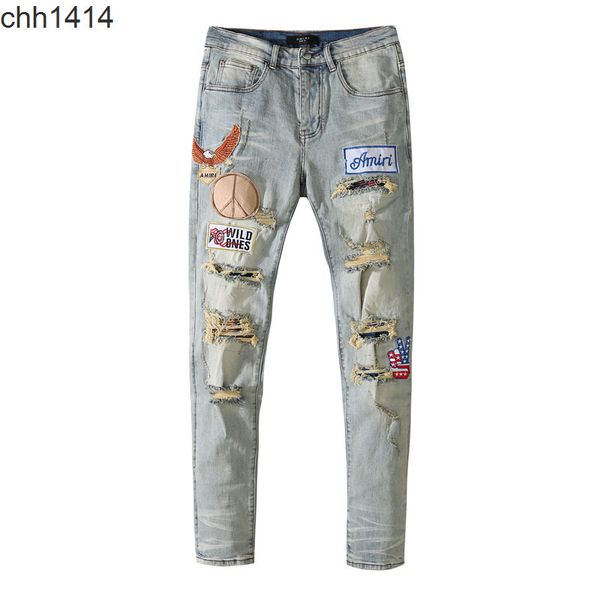 yellow mud dirty high street embroidery badge big hole damage cowboy pants men's slim fit, Blue
yellow mud dirty high street embroidery badge big hole damage cowboy pants men's slim fit, Blue