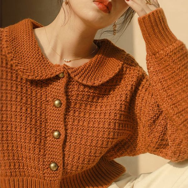 women s sweaters autumn orange crop peter pan collar button up baggy korean fashion knit cardigan coat fall winter women 220913, White;black
women s sweaters autumn orange crop peter pan collar button up baggy korean fashion knit cardigan coat fall winter women 220913, White;black