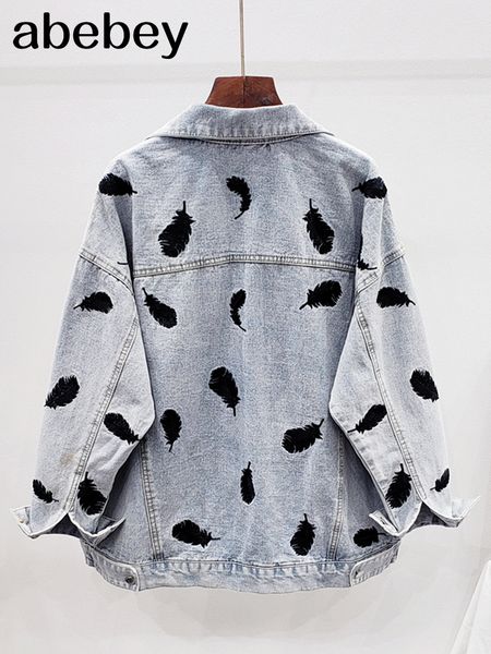 women s jackets embroidered feathers denim spring bomber coat female chic outwear veste femme ropa de mujer 220913, Black;brown
women s jackets embroidered feathers denim spring bomber coat female chic outwear veste femme ropa de mujer 220913, Black;brown