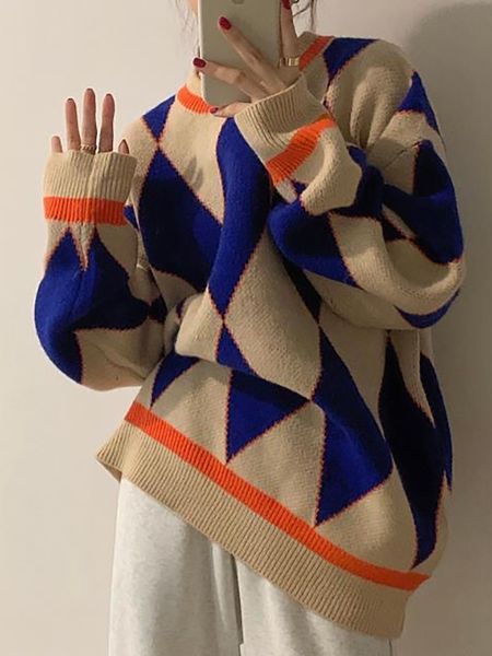 women s sweaters vintage sweater women argyle pullover ladies casual loose jumper female round neck long sleeve fashion knitwear pull femme, White;black
women s sweaters vintage sweater women argyle pullover ladies casual loose jumper female round neck long sleeve fashion knitwear pull femme, White;black