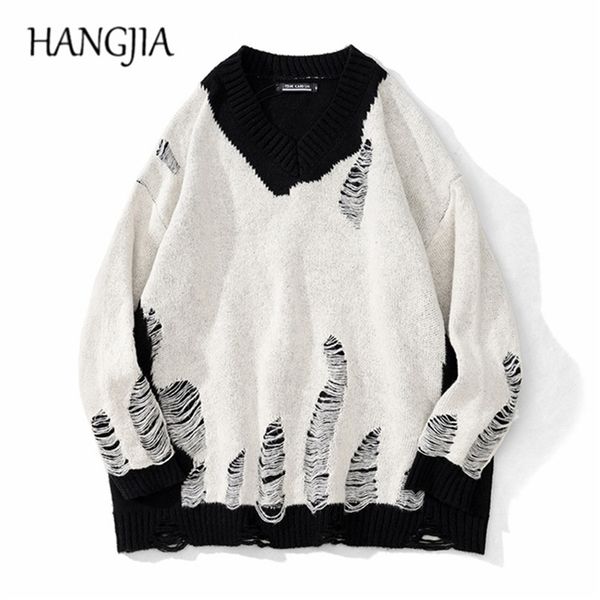 men's sweaters black white patchwork pullovers washed destroyed ripped sweater men harajuku hole knit jumpers for women oversized 22091, White;black
men's sweaters black white patchwork pullovers washed destroyed ripped sweater men harajuku hole knit jumpers for women oversized 22091, White;black