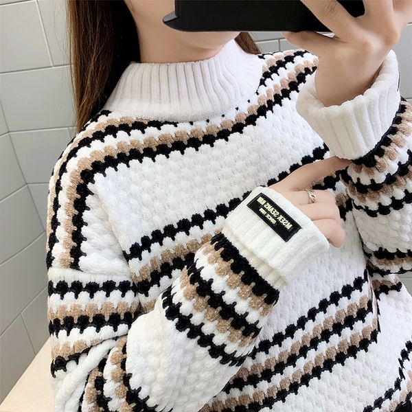 women s sweaters women high collar pullover vintage long sleeve loose knitted winter female stripe big size ns4683 220913, White;black
women s sweaters women high collar pullover vintage long sleeve loose knitted winter female stripe big size ns4683 220913, White;black