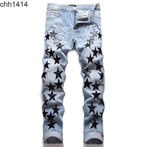 slim fit elastic embroidered jeans men's five pointed star cat whisker worn hole jeans pants, Blue
slim fit elastic embroidered jeans men's five pointed star cat whisker worn hole jeans pants, Blue