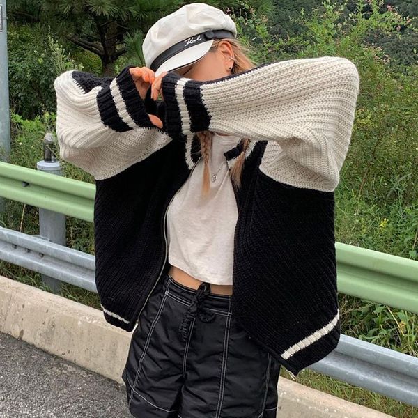 women s sweaters korean fashion patchwork knitted cardigans autumn zip up full sleeve chic women retro grunge knitwear jackets coats 220913, White;black
women s sweaters korean fashion patchwork knitted cardigans autumn zip up full sleeve chic women retro grunge knitwear jackets coats 220913, White;black